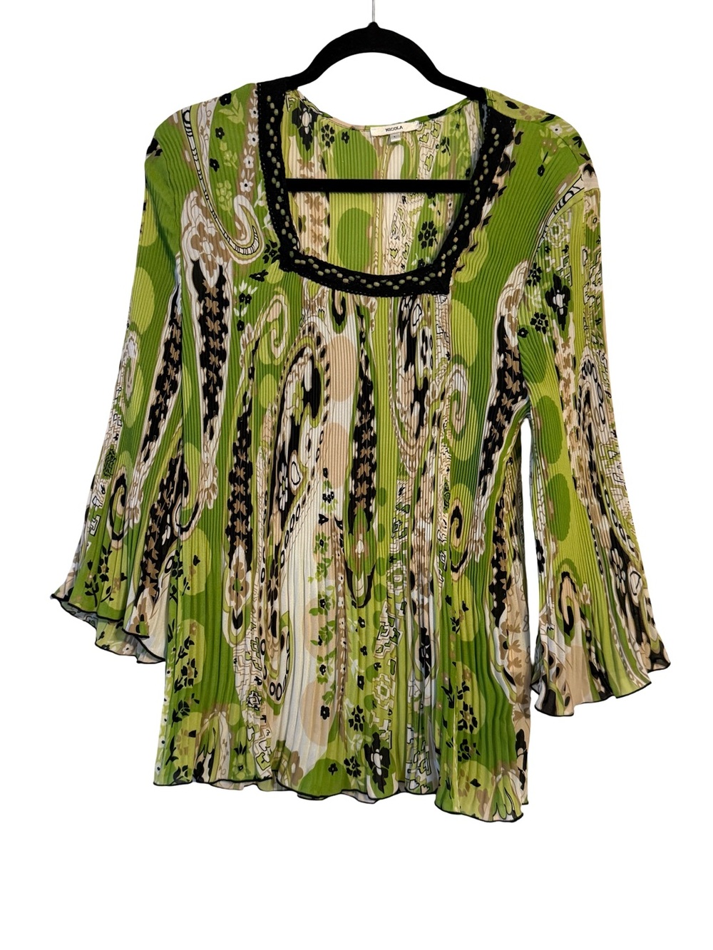 NICOLA Lime Green Paisley Pleated Tunic with Black Trim